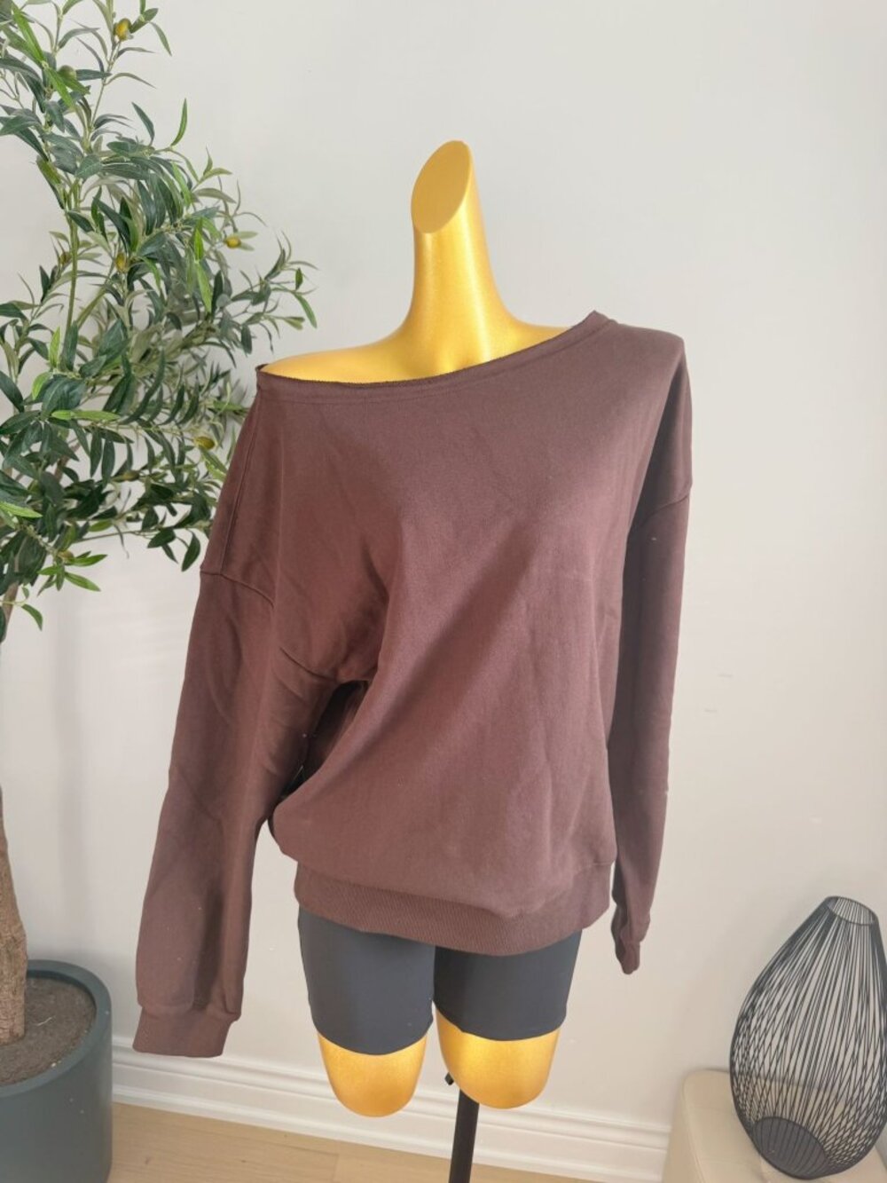 GARAGE SoftTerry Chocolate Brown Off Shoulder Sweatshirt M